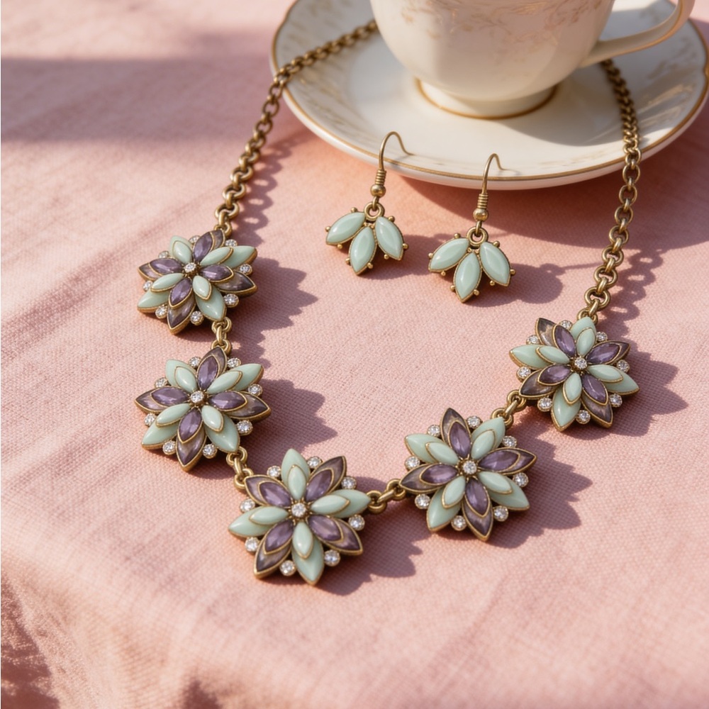 Elegant Floral Bib Necklace Set - Gold Tone Purple Green